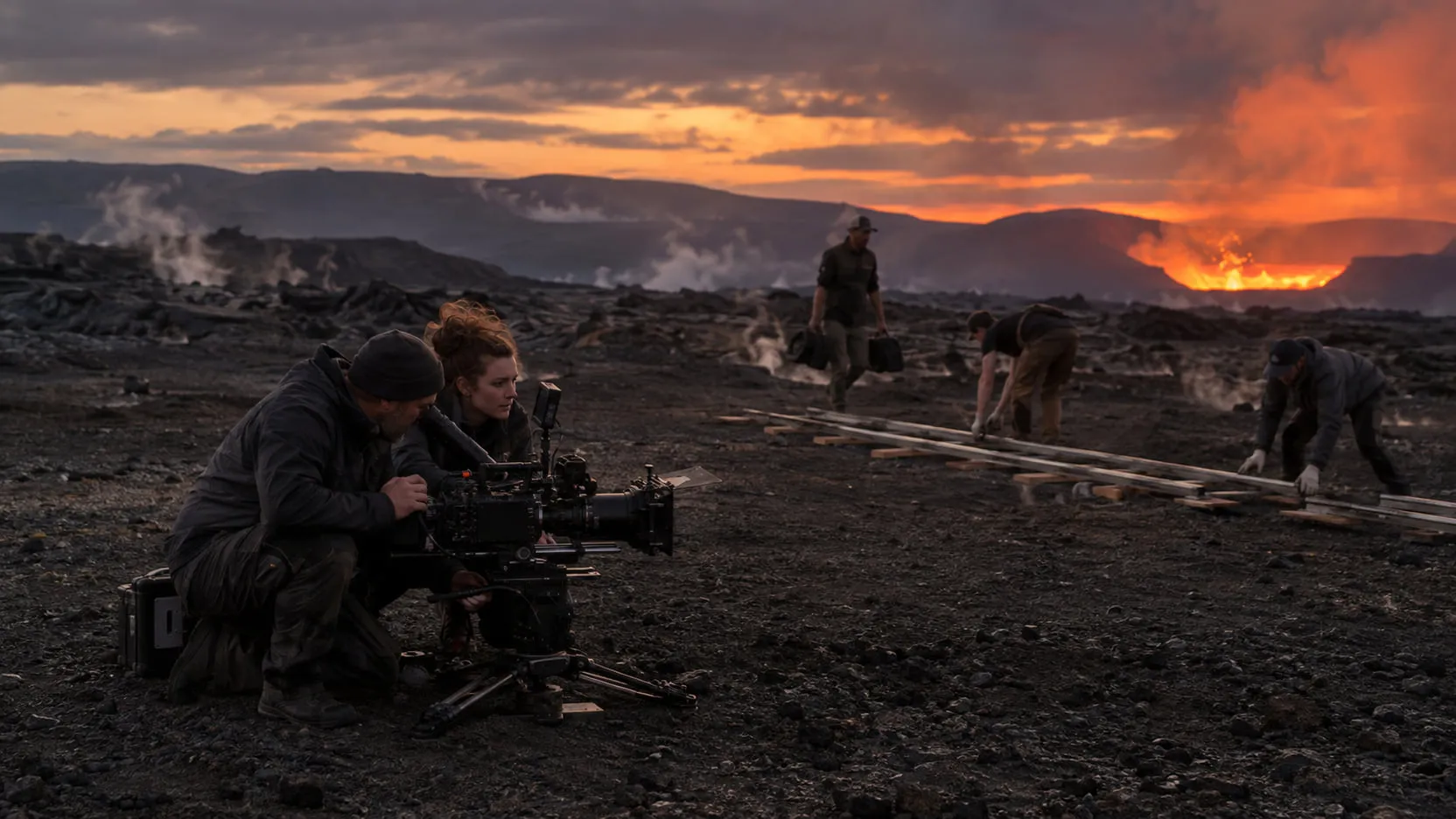 A director and a cinematographer framing a shot at the camera on a black volcanic plain at dusk while grips lay dolly track behind them, a lava glow on the horizon.