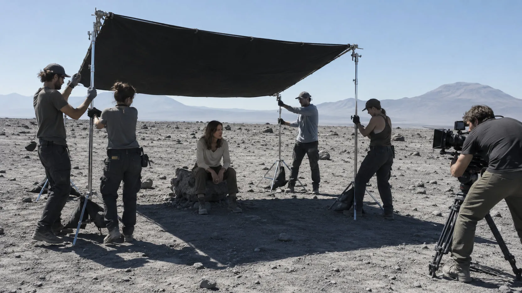 In hard midday sun on a gray pumice plain, four grips hold a black negative-fill frame on stands over a seated actress, shading her from the sun while a camera operator films.