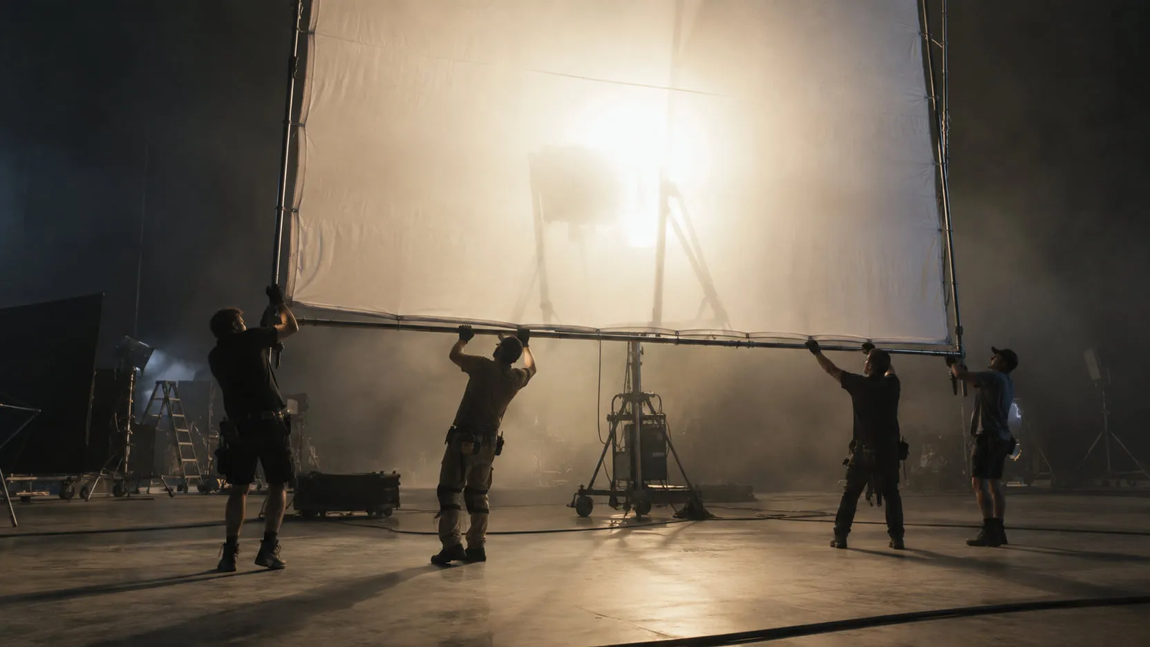 In a smoky studio, four grips raise a huge silk diffusion frame in front of a bright lamp, their silhouettes sharp against the glowing fabric.