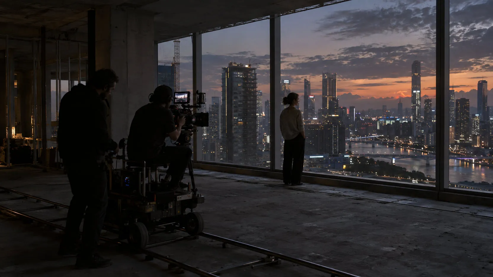 In an unfinished high-rise at dusk, an actress stands at a floor-to-ceiling window over a glittering city while a camera operator on a dolly and a crew member film her from the dark.