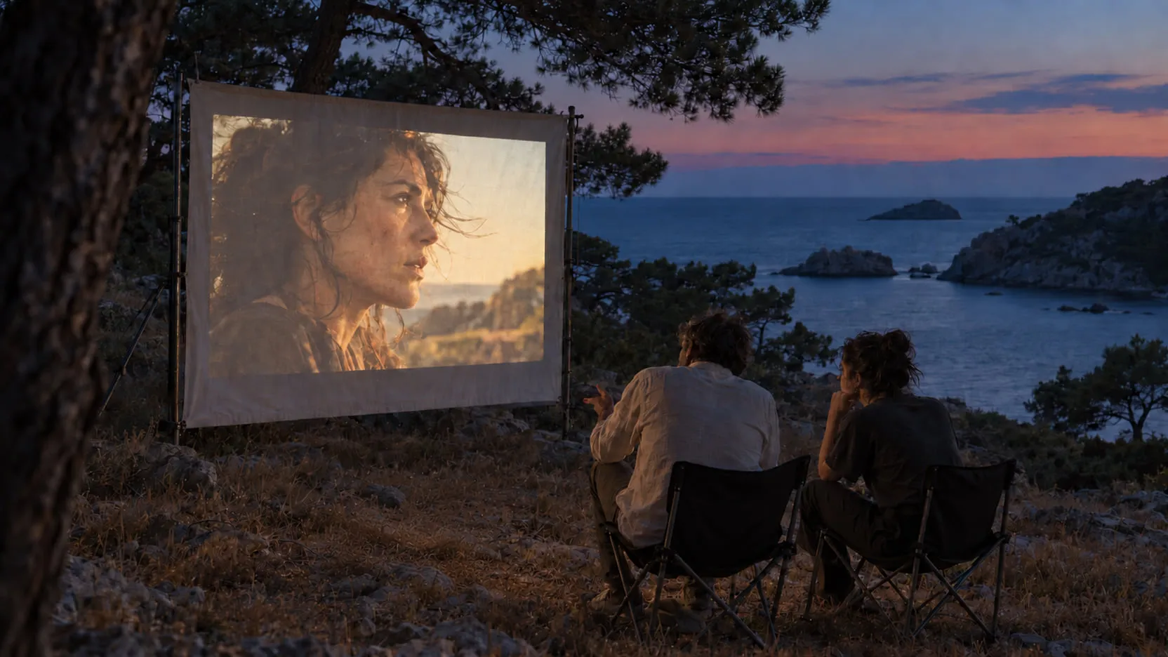 A director and performer review a projected close-up on an outdoor screen beneath pine trees beside the sea at summer dusk.