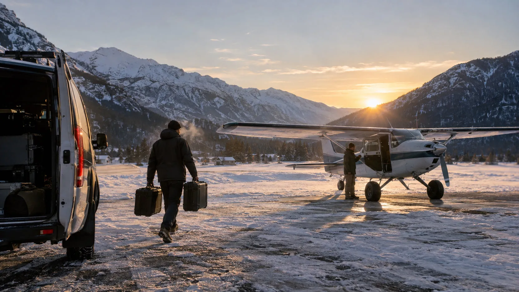 On a snowy airfield at sunrise, a crew member carries two hard drive cases from a van toward a small plane while the pilot waits by the door.
