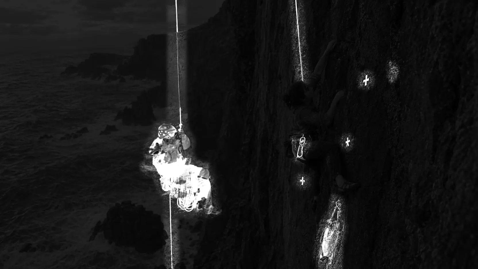 Difference view: the cliff plate dimmed, with only the painted-out regions lit.