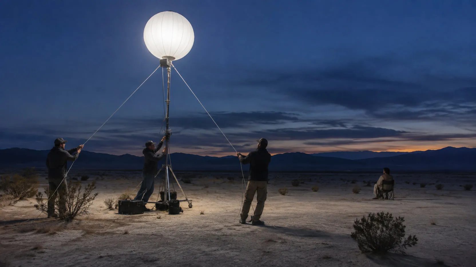Grips steady the guy lines of a glowing balloon light on a tall stand in the desert at blue hour, an actor waiting on a folding chair in the distance.