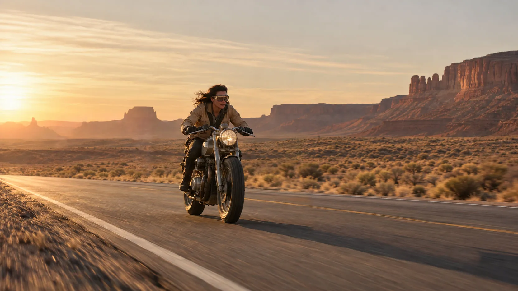 Clean plate: the same rider alone on the empty highway, the camera car and van painted out.