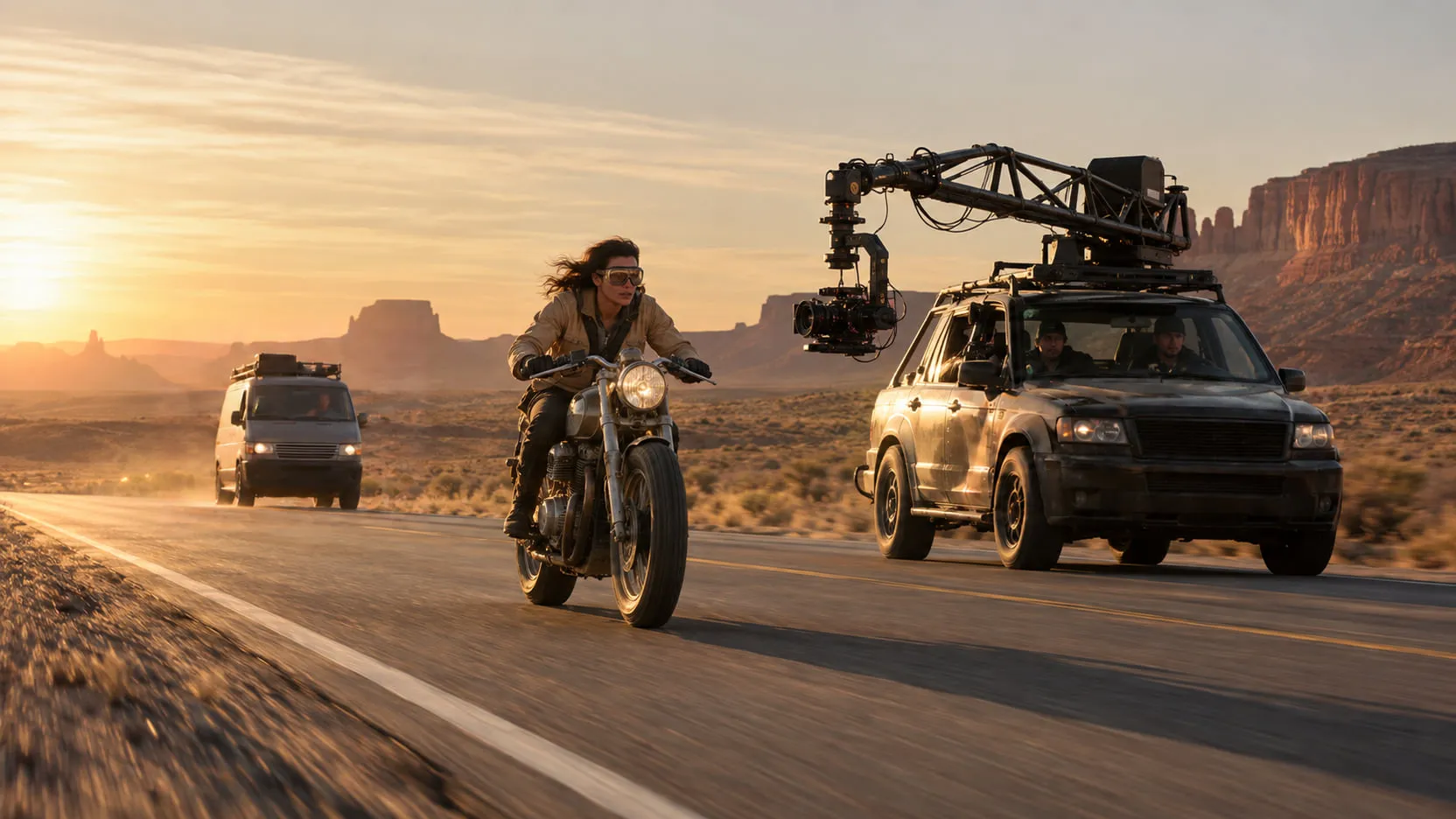 Plate: a woman rides a vintage motorcycle along a desert highway at golden hour, a camera car with a crane arm and a follow van tracking beside her.