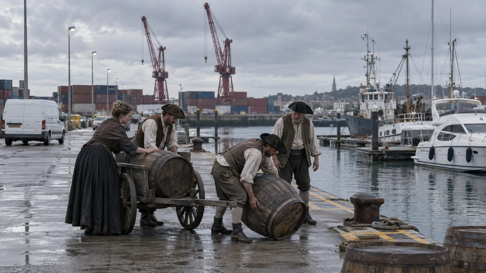 Plate: four actors in eighteenth-century costume roll barrels off a hand cart on a modern harbour quay, with container cranes, yachts and a van behind them.