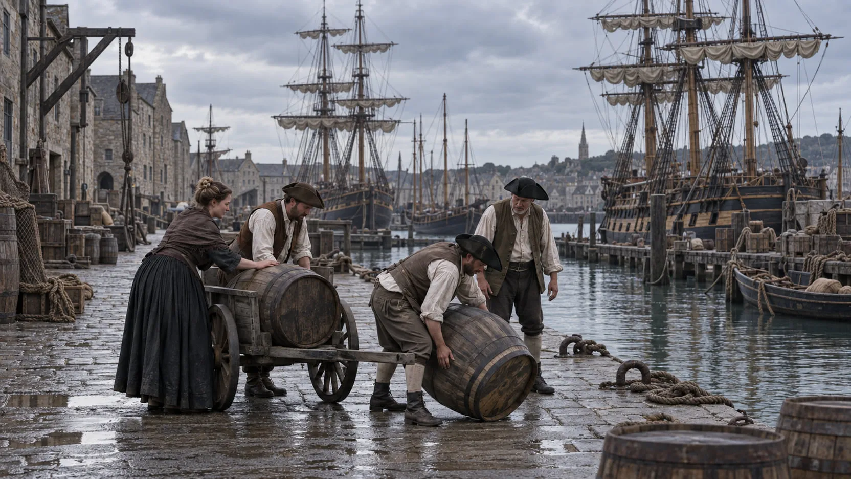 Period version: the same actors and cart on a cobbled eighteenth-century quay with tall wooden sailing ships and stone warehouses.