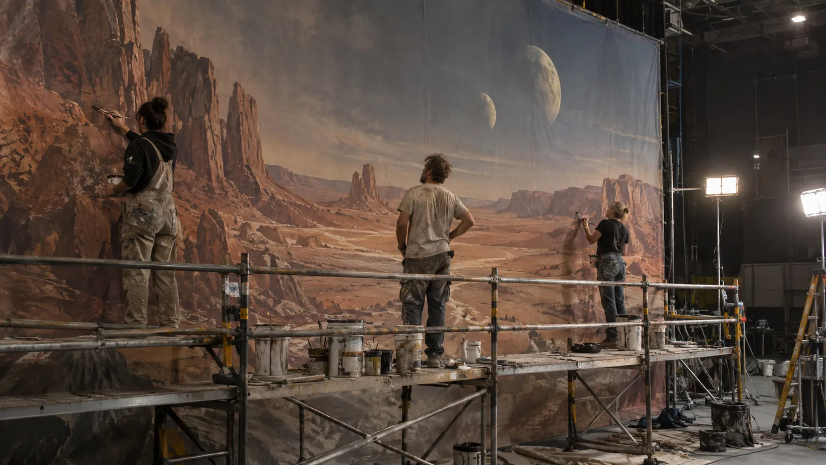 Scenic painters on scaffolding paint a vast desert-planet backdrop in a studio, one working on the rock spires while another steps back to look.