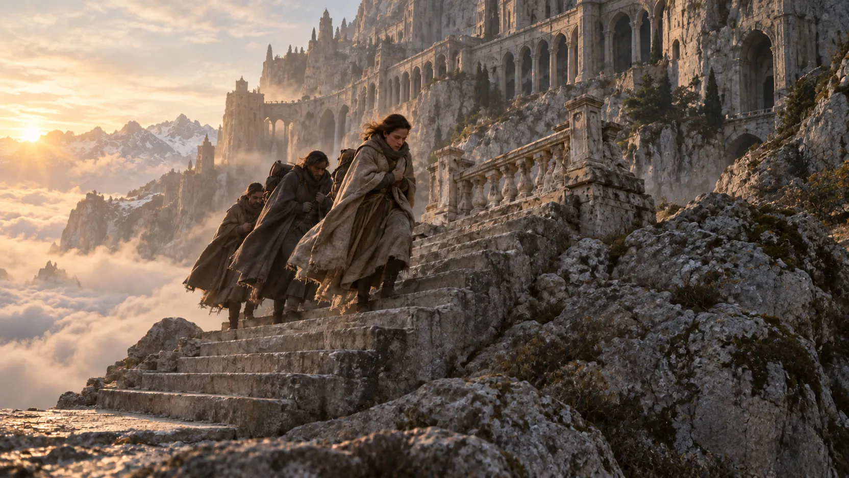 Finished shot: the same three actors come down the same steps, which now lead down from an ancient city carved into the cliffs above a sea of clouds.