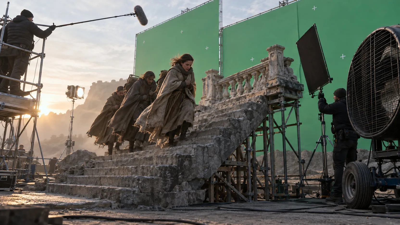 Plate: on an outdoor backlot at dawn, three actors in heavy wool cloaks come down a built set of stone steps in front of green screens, with a boom operator, a wind machine and lights in frame.