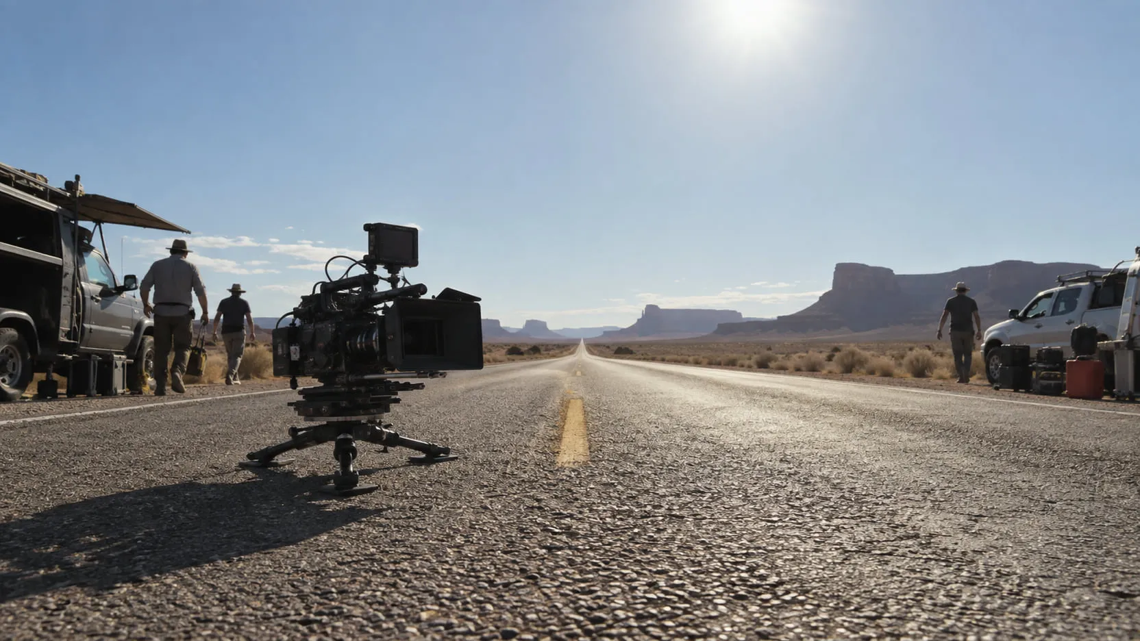 An empty desert highway running to the horizon, a cinema camera on a low mount in the middle of the road while crew walk back to their trucks.