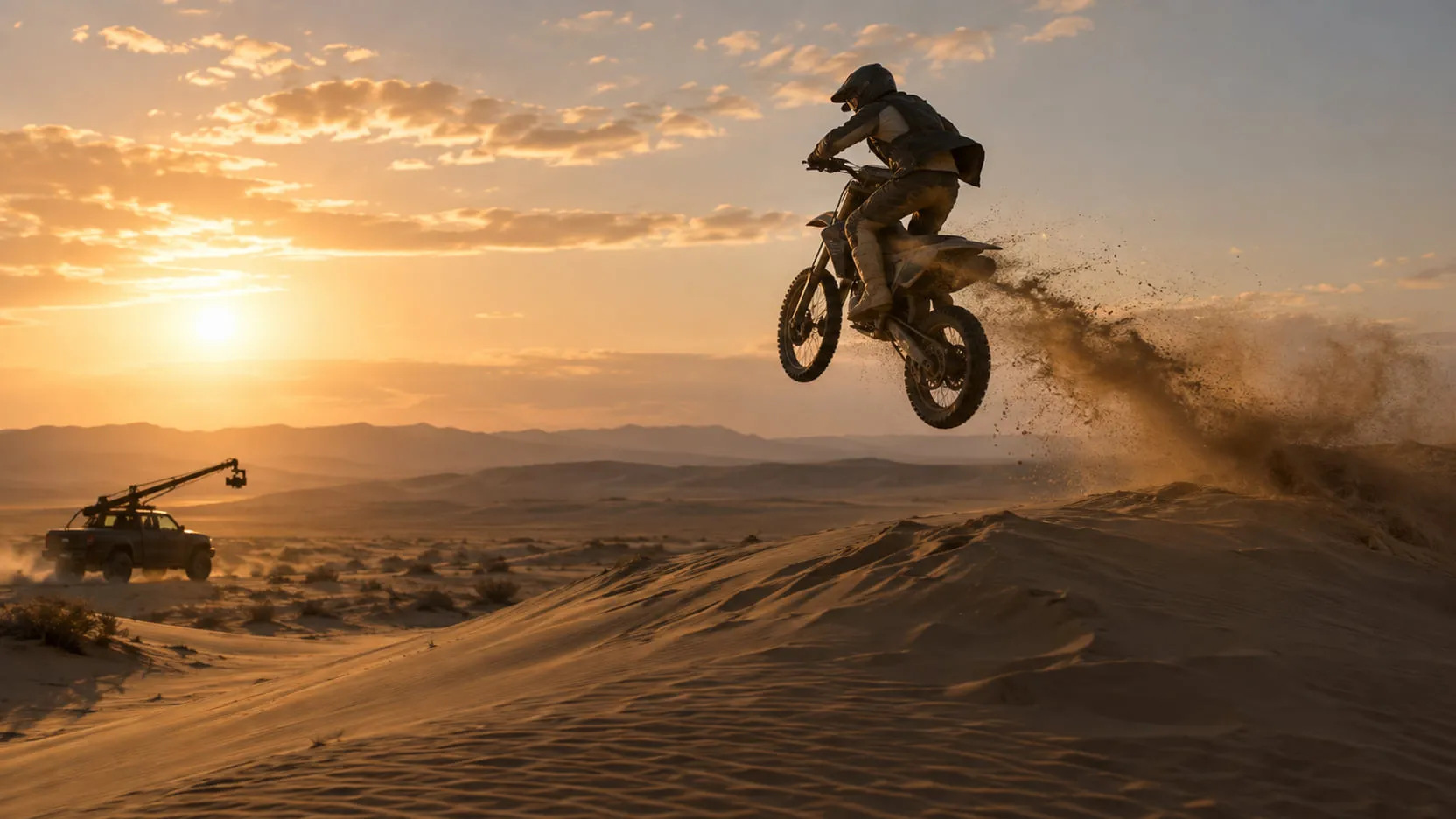 A motocross rider flies over the crest of a dune at sunset, sand spraying from the rear wheel, a camera car with a crane arm tracking him below.