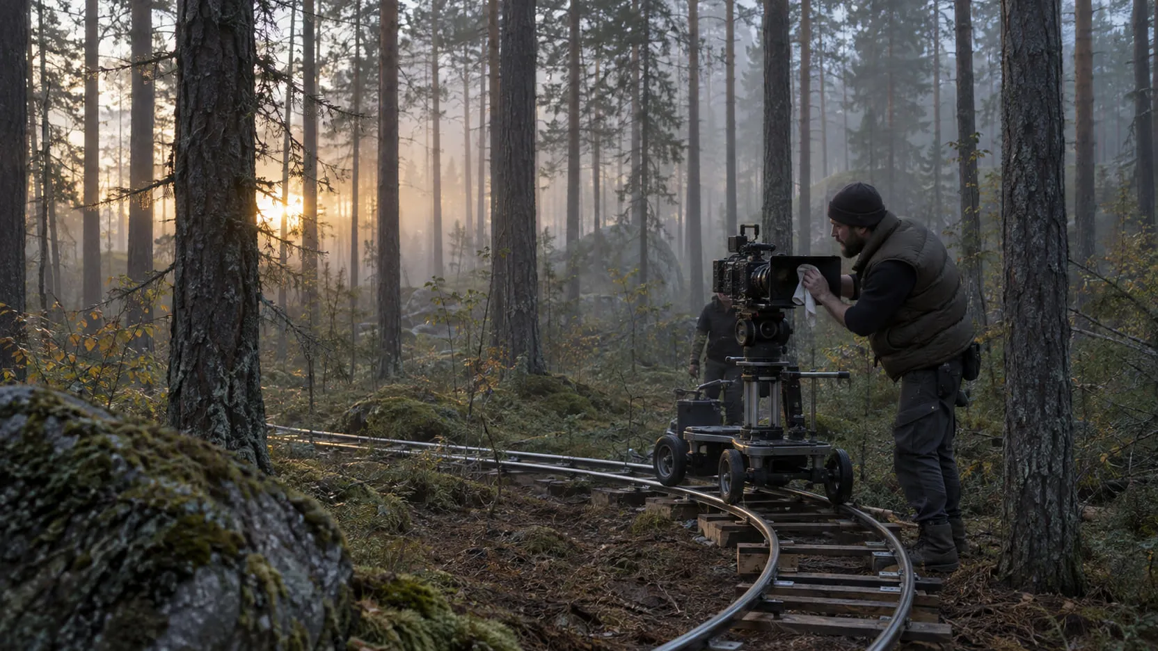In a misty pine forest at dawn, a camera assistant wipes the lens of a cinema camera on a dolly.