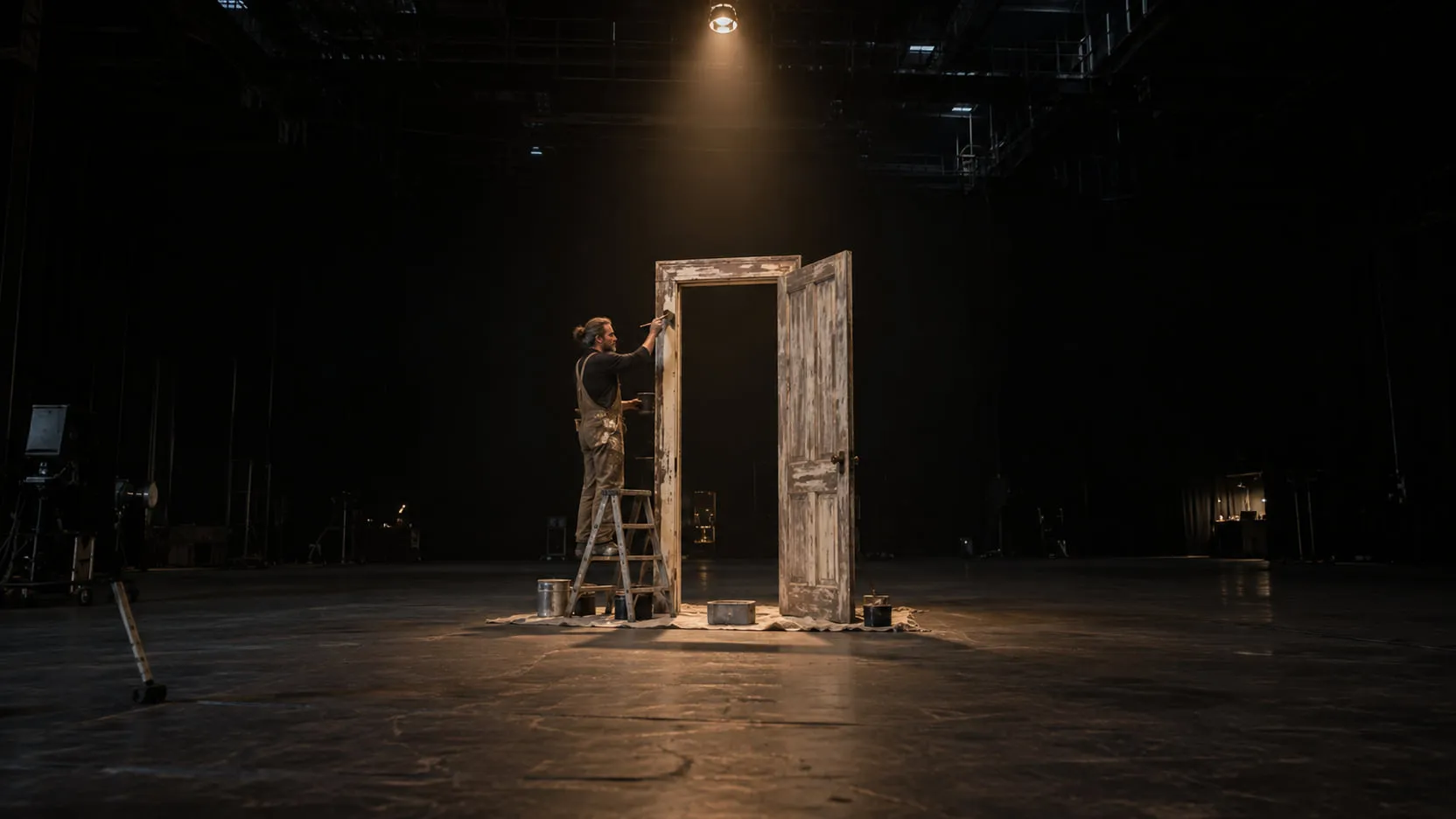 In a dark soundstage, a scenic painter on a ladder ages a lone wooden doorframe under a single shaft of work light.