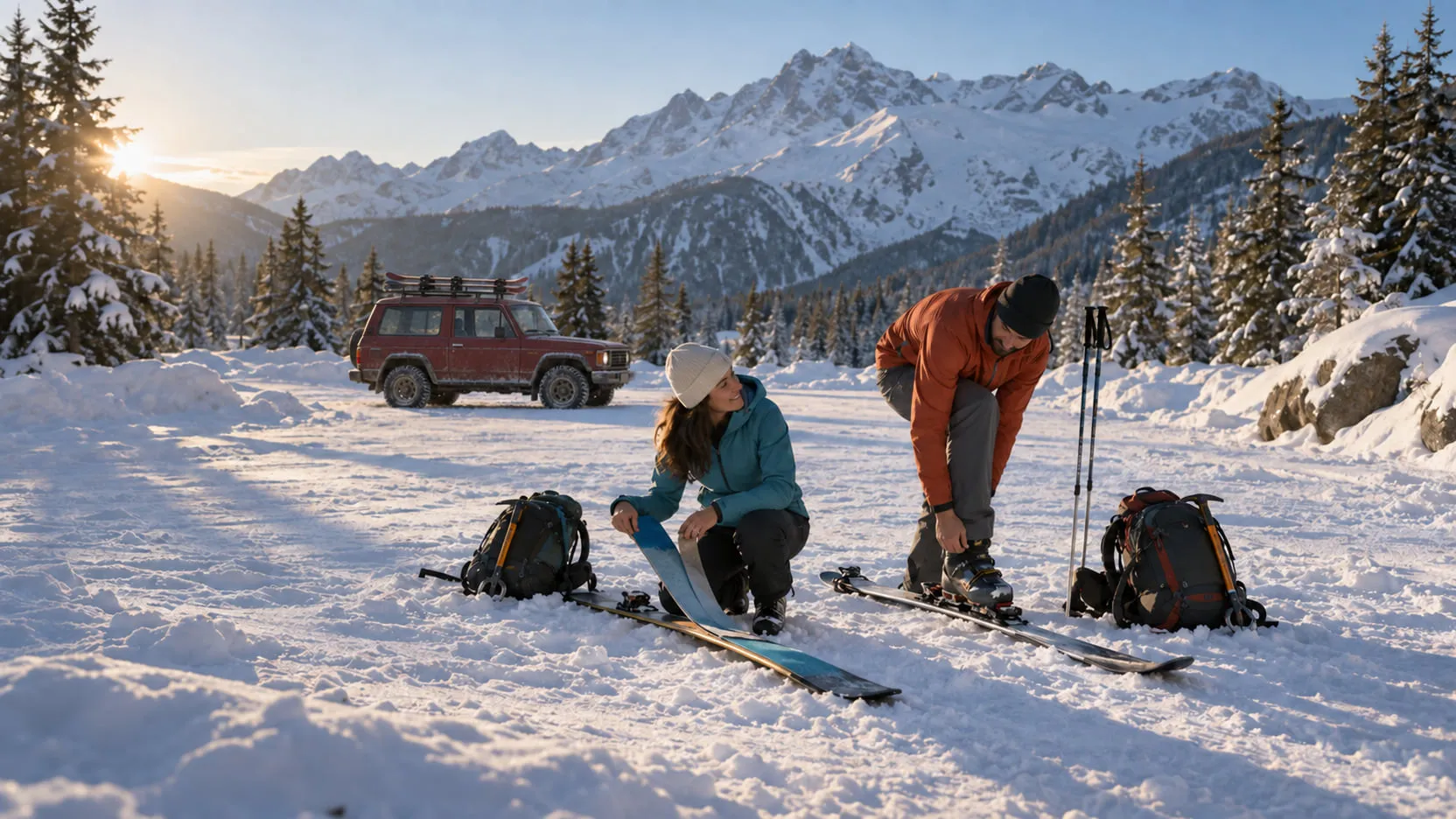 Vehicle replaced: an old red off-road 4x4 with skis on the roof rack parked in place of the SUV; the two skiers unchanged.