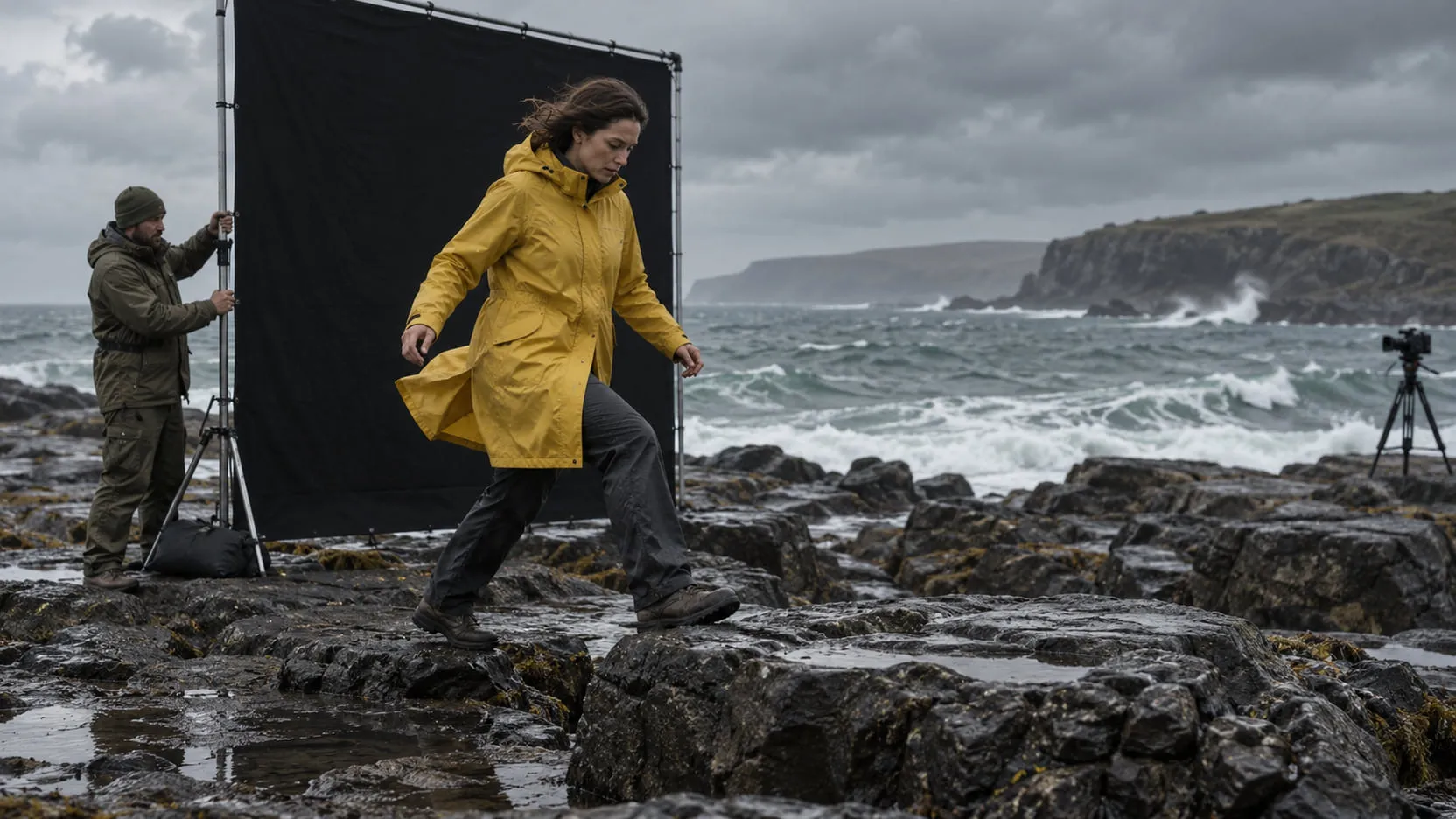 A performer in a mustard-yellow raincoat steps across wet coastal rocks while a crew member holds a black fabric solid behind her, with stormy sea beyond.