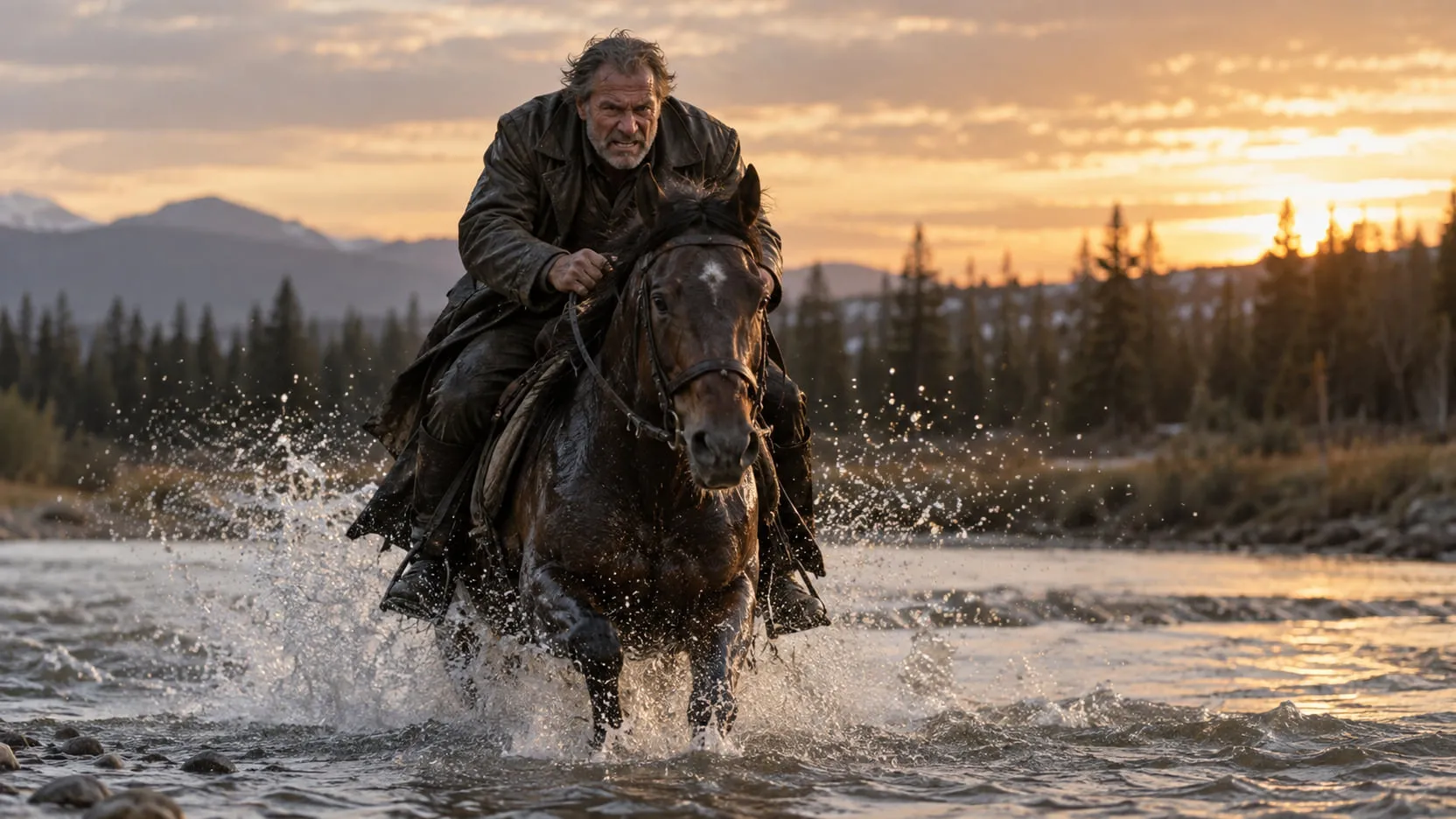 Plate: a stunt double in a leather coat gallops a horse through a river at dusk, his weathered, bearded face clearly visible.