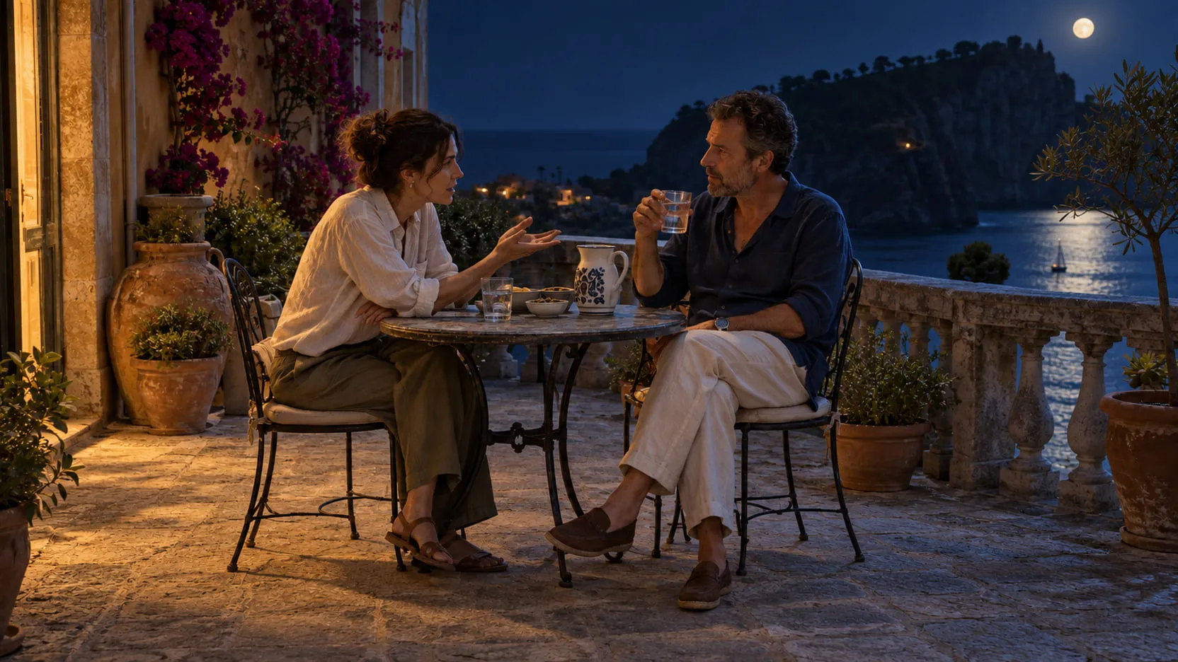 Relit to night: the same two actors under a moonlit sky, lit warm from an open doorway.