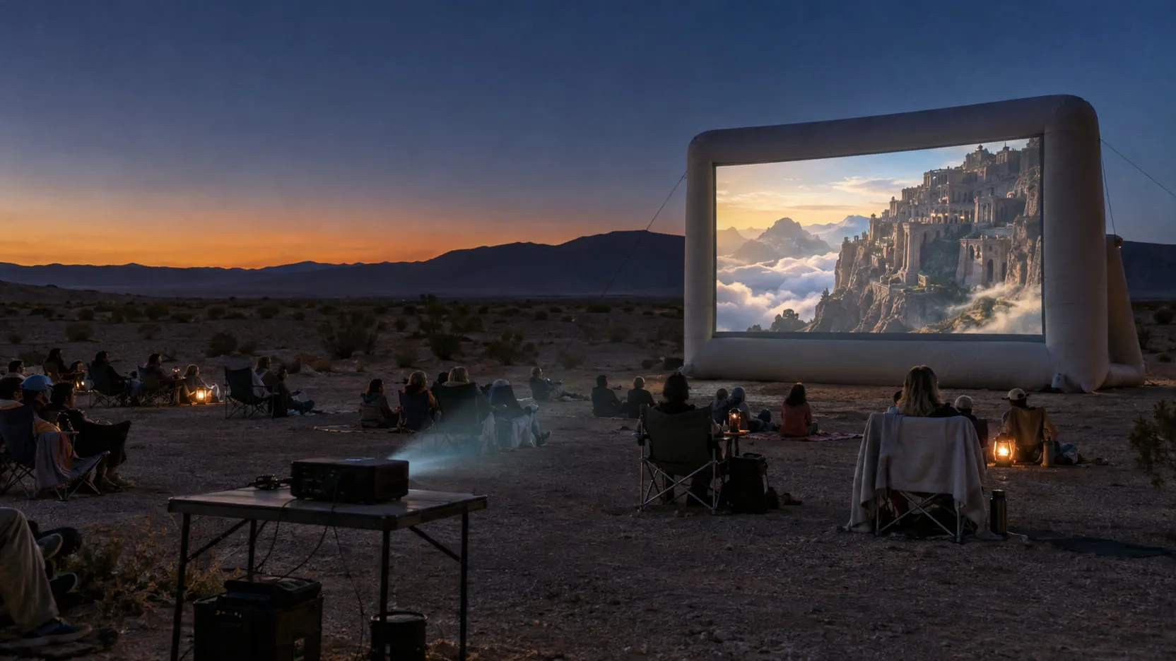 An open-air screening in the desert at dusk, seen from behind a scattered audience watching a city carved into a mountain on the screen.