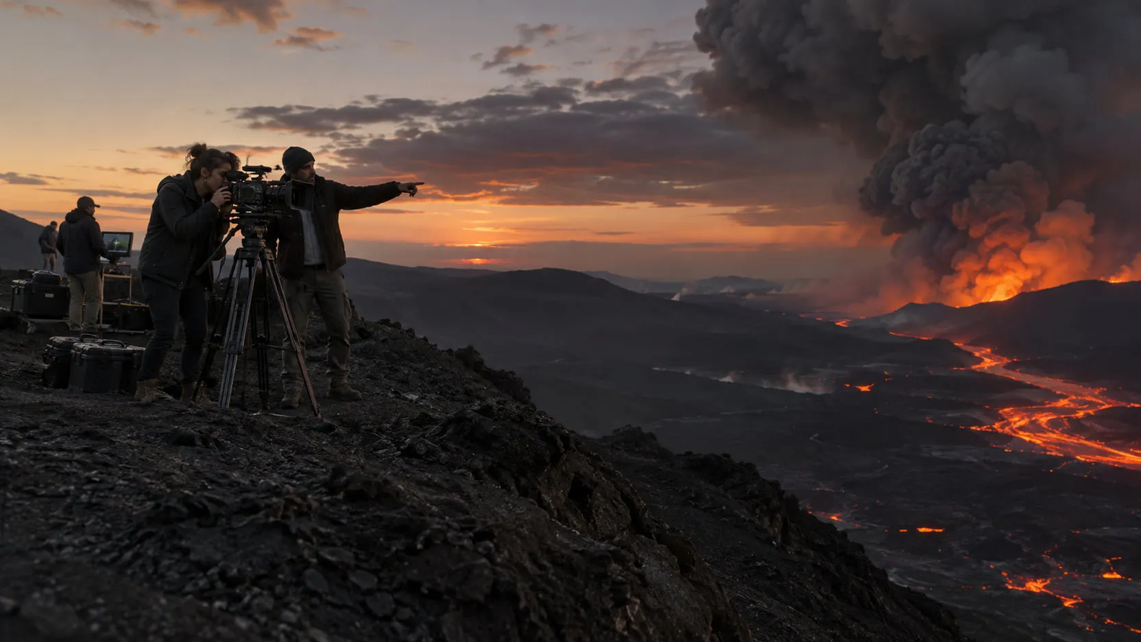On a black volcanic ridge at dusk, a cinematographer looks through the camera while the director points at a lava flow in the valley below.