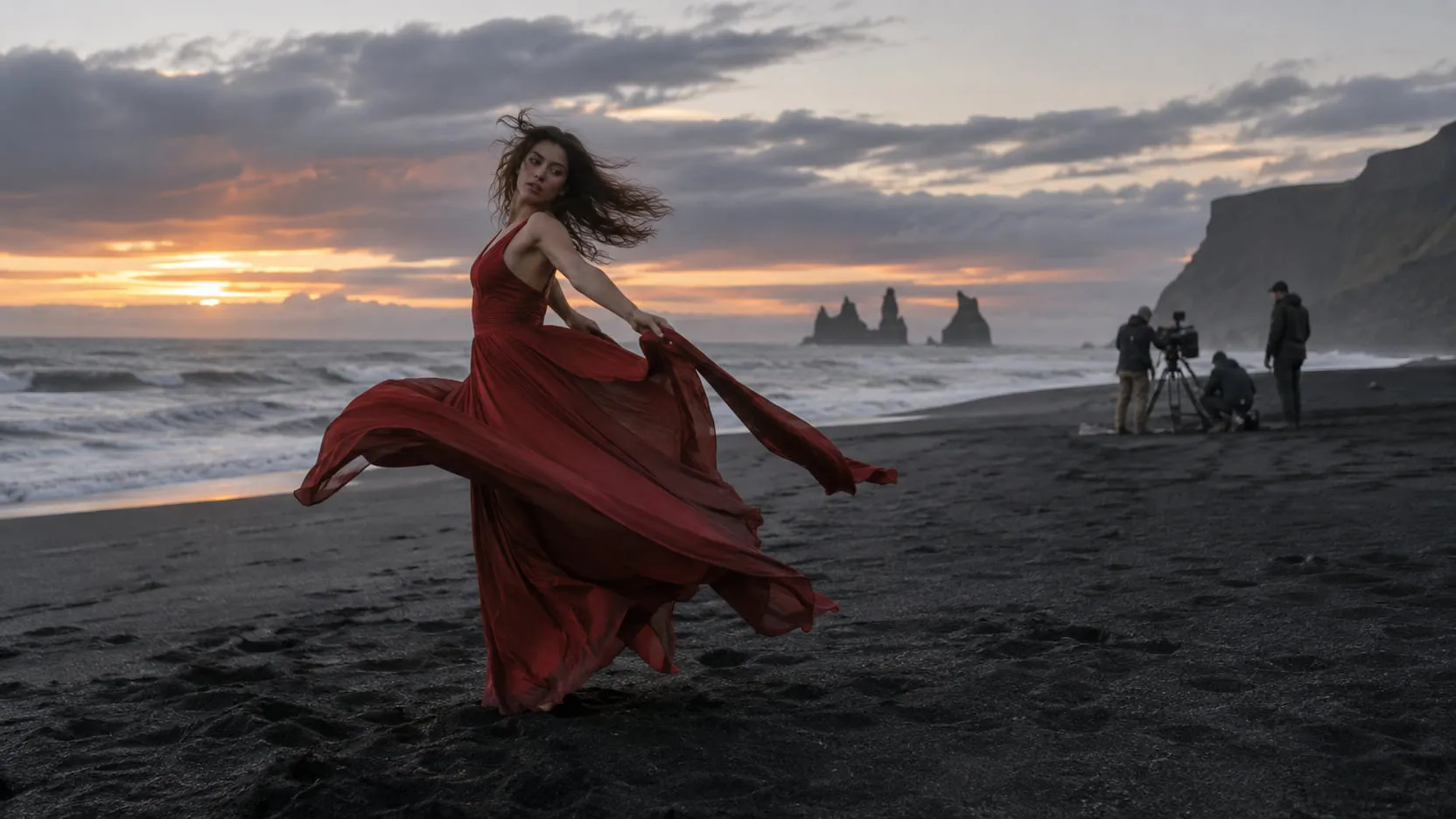 A dancer in a flowing red dress spins on a black-sand beach at dusk, the fabric and her hair sweeping in the wind, a small film crew far behind her.