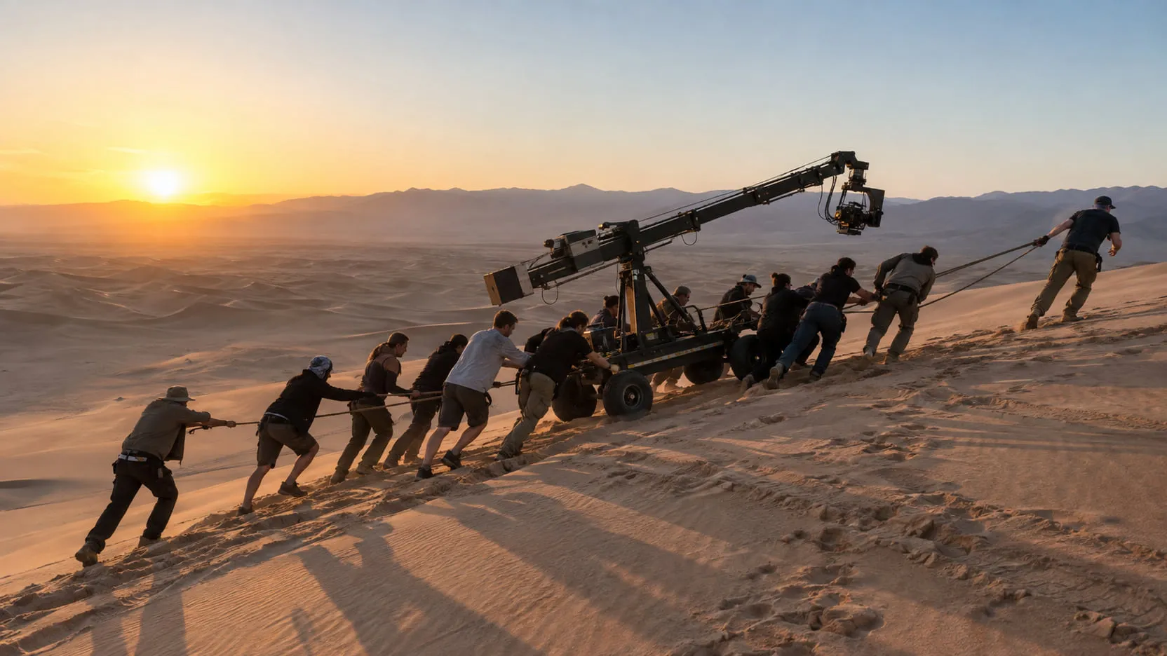 At sunrise a line of crew members hauls a camera crane on wheels up a steep sand dune by ropes, their long shadows falling down the slope.