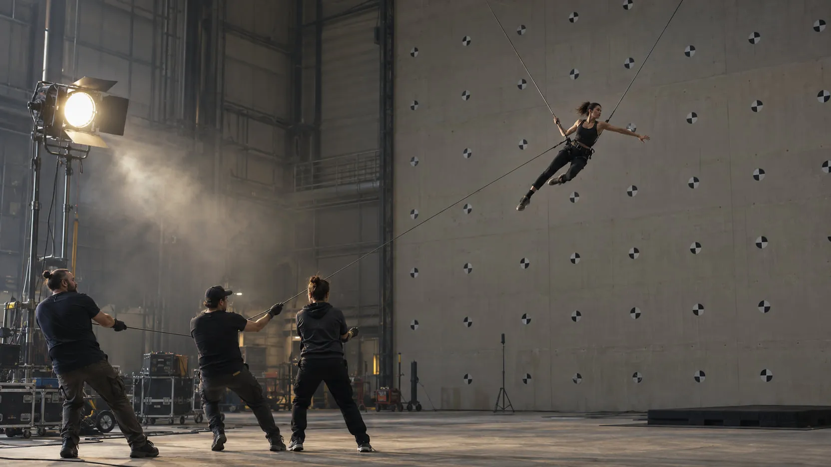 In a hangar with a wall covered in tracking markers, a performer flies on wires while three riggers haul the lines below a bright lamp.